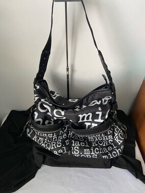 Michael Kors Black and White Logo Canvas Shoulder Bag